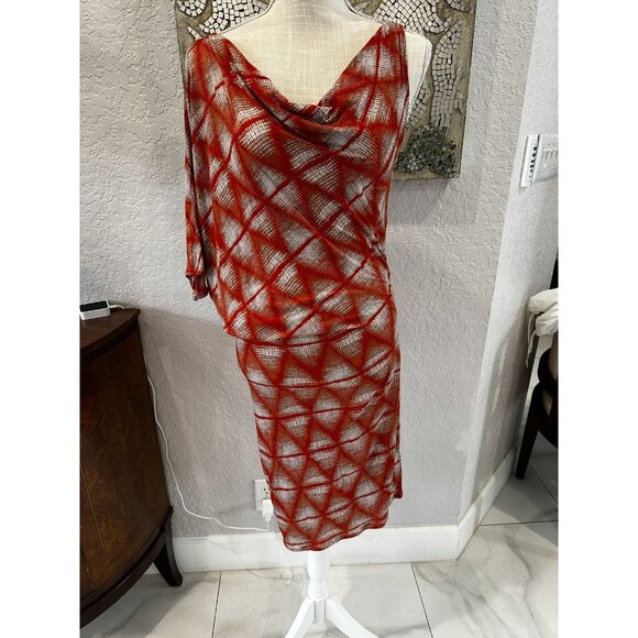 BCBG Kesi Sheer Red & White Geometric Pattern One Shoulder Dress  Size S - Picture 2 of 10